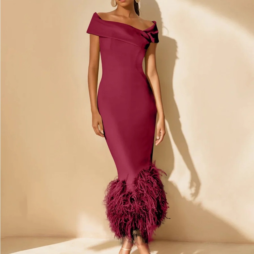 Off-Shoulder Feather-Hem Midi Dress in Wine